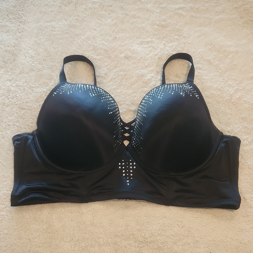 NWOT Torrid Sz 46DD XO Plunge Push-Up Bra Rhinestone Diamonte Longline